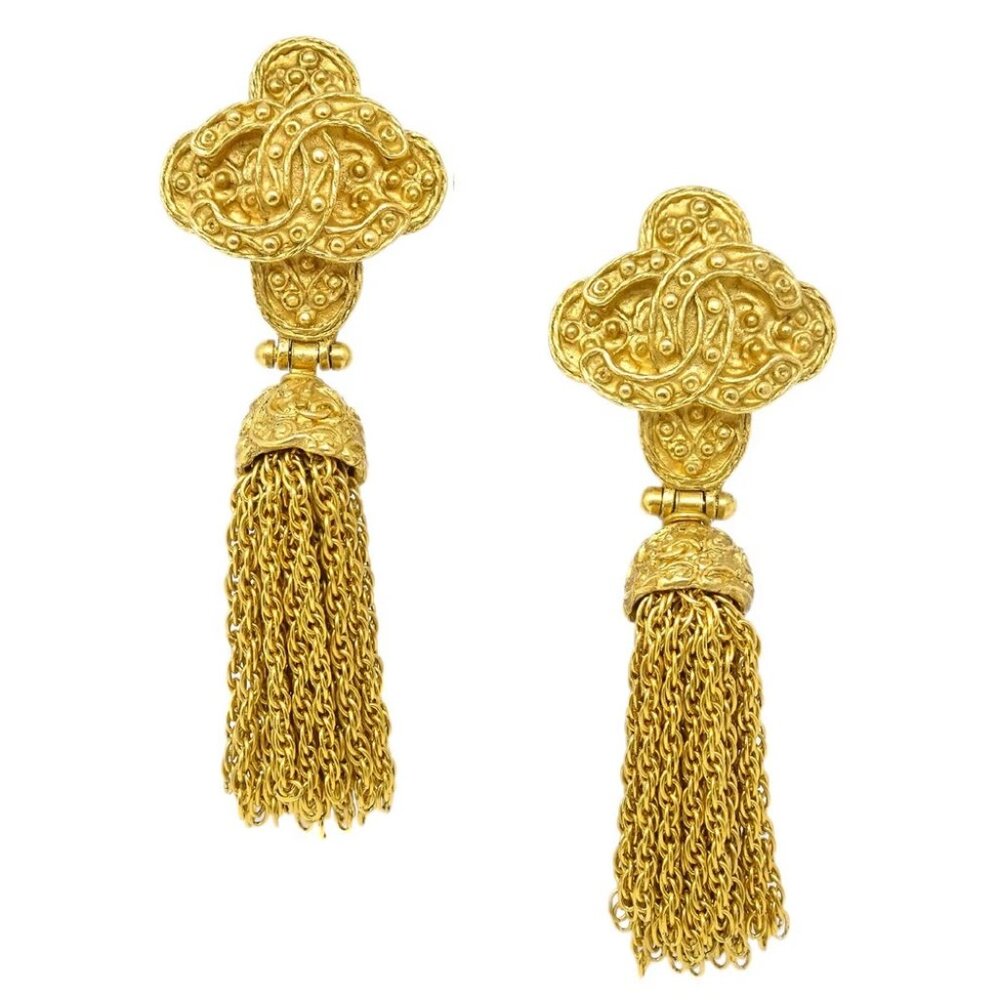 Chanel Fringe Charm Dangle Earrings Clip-On Gold
